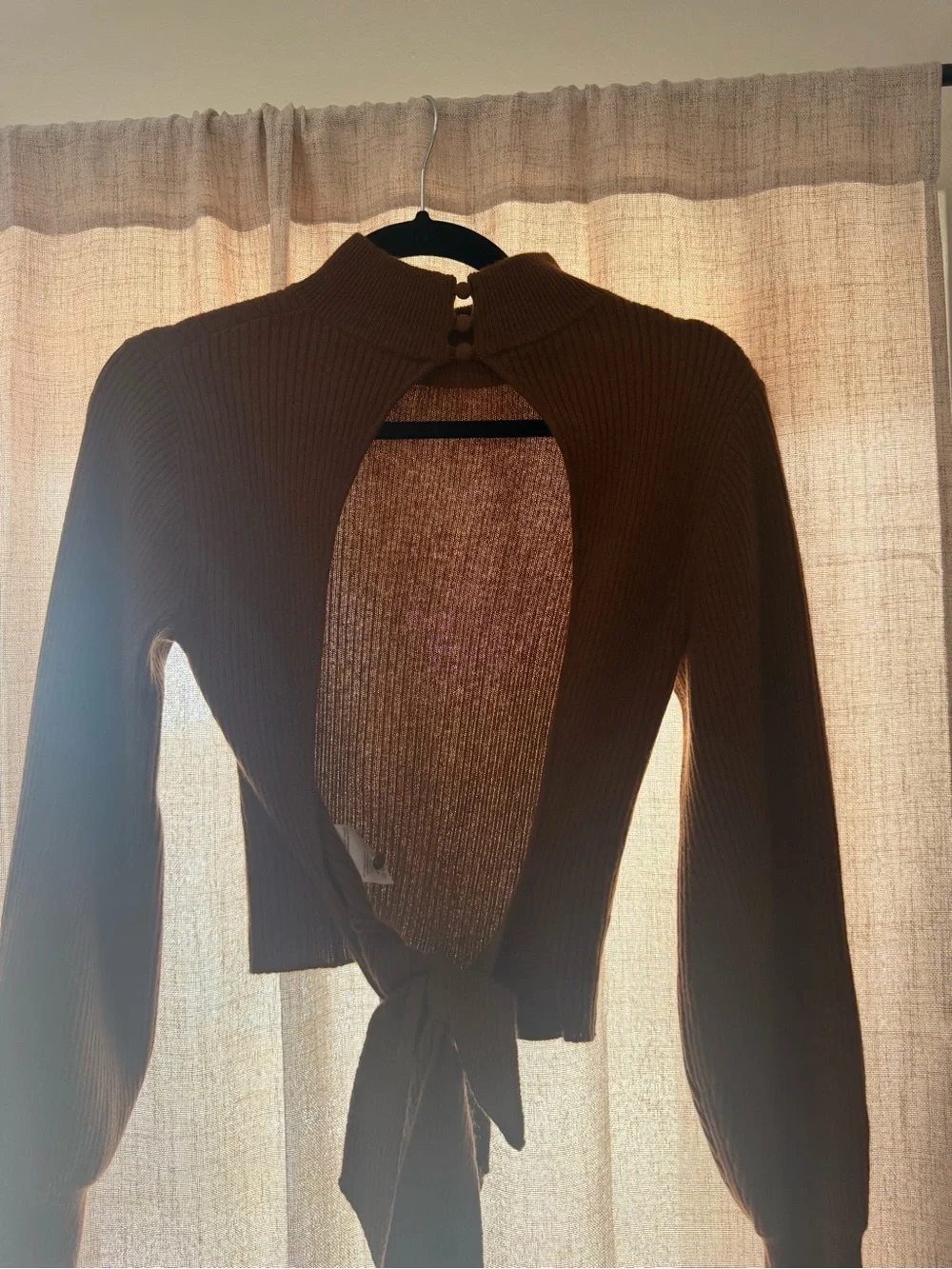 Reformation Brown Ribbed Tie-Back Mock Neck Sweater